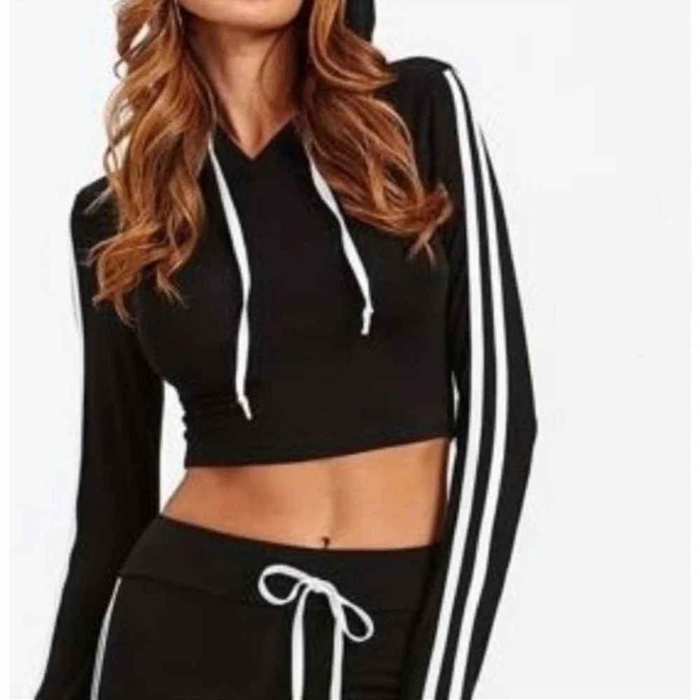 Fashion Nova Black Double White Striped Casual Active High Waisted Leggings - Picture 7 of 15